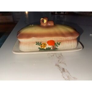 Vintage Merry Mushroom Ceramic Butter Dish Hand Painted Retro 70s Kitchenware